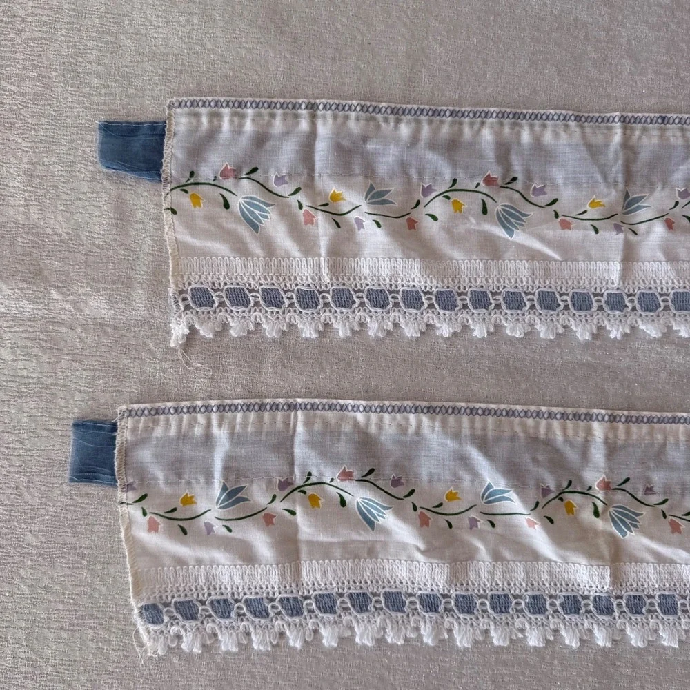 2pc Vintage Floral Curtain Valance Panels 51x5 Blue Lace Cottagecore Farmhouse